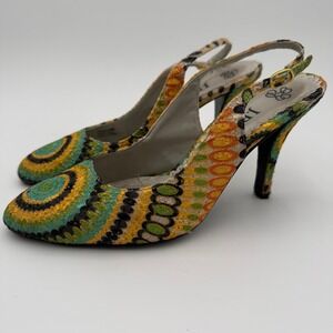 J Renee Camelia Slingback Pumps Yellow Lime Multi Eyelet Fabric Heels Size 8